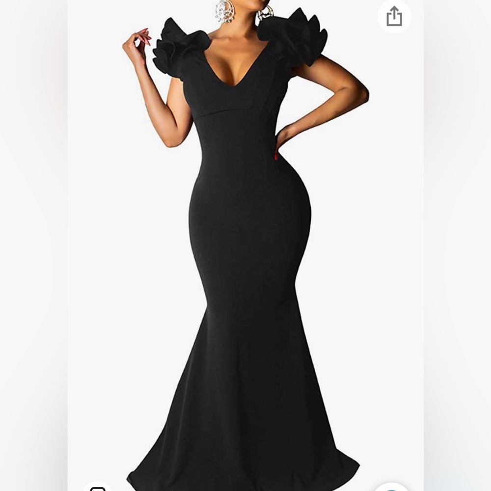 Ruffled shoulder black gown